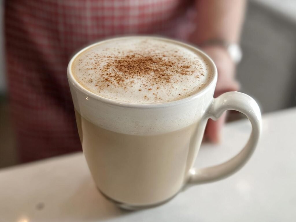 A creamy, frothy Chai Tea Latte topped with cinnamon in a white mug, ready to be enjoyed.