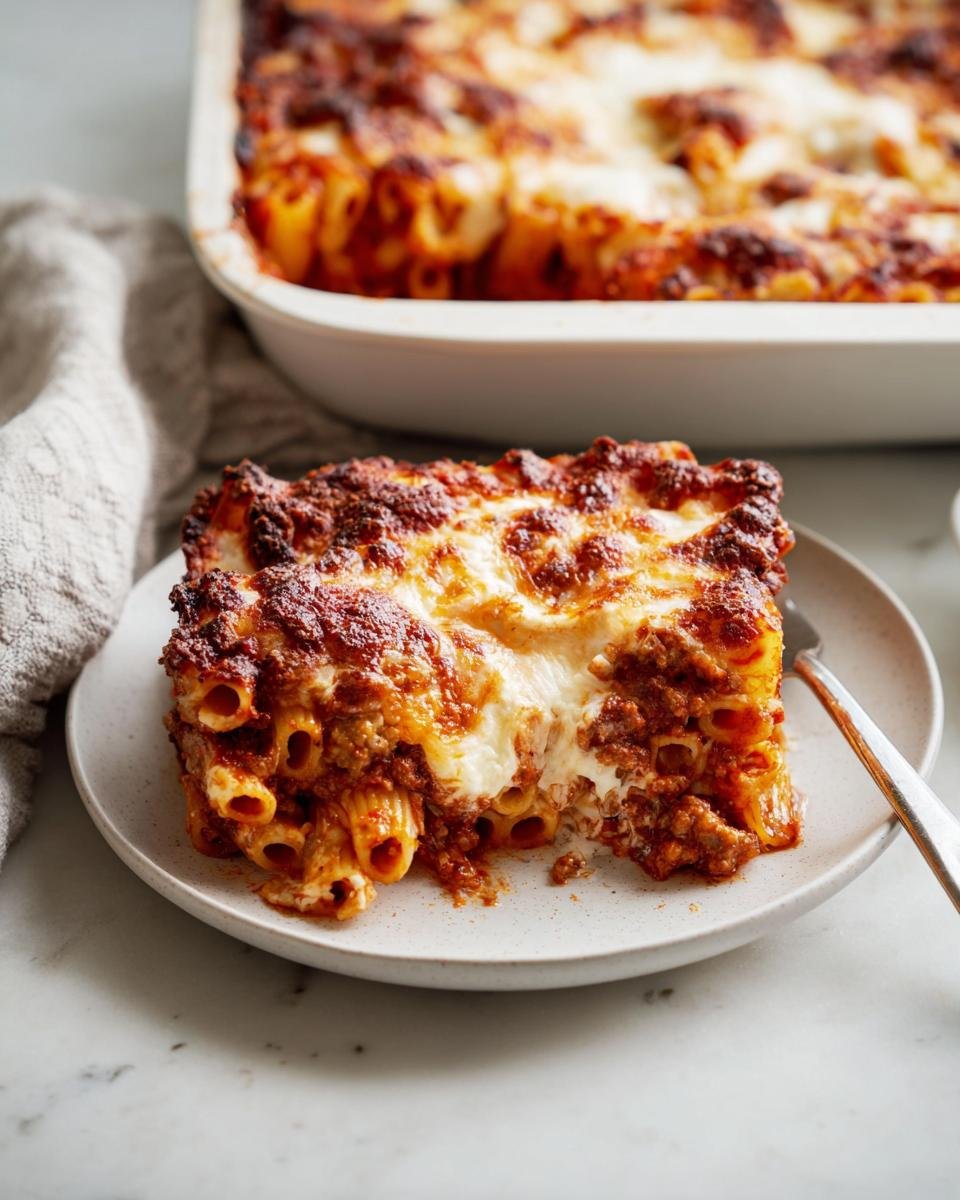 A square serving of cheesy Baked Ziti on a plate, featuring melted mozzarella and a rich meat sauce.