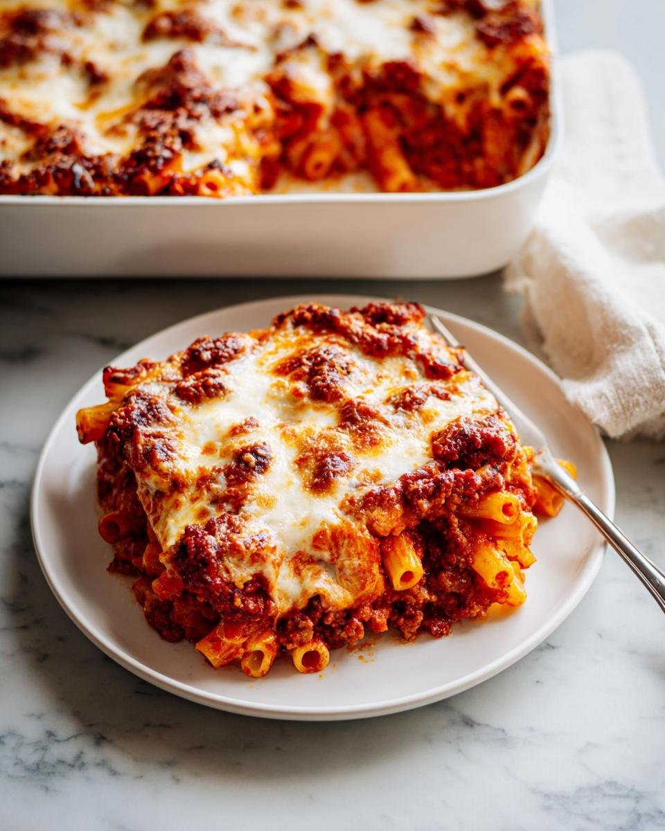 A generous serving of cheesy Baked Ziti topped with bubbling meat sauce on a white plate.