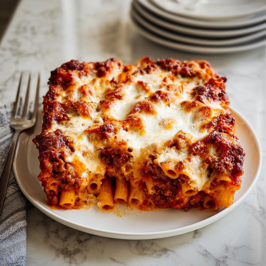A square serving of rich, cheesy Baked Ziti covered in melted mozzarella and meat sauce on a white plate.