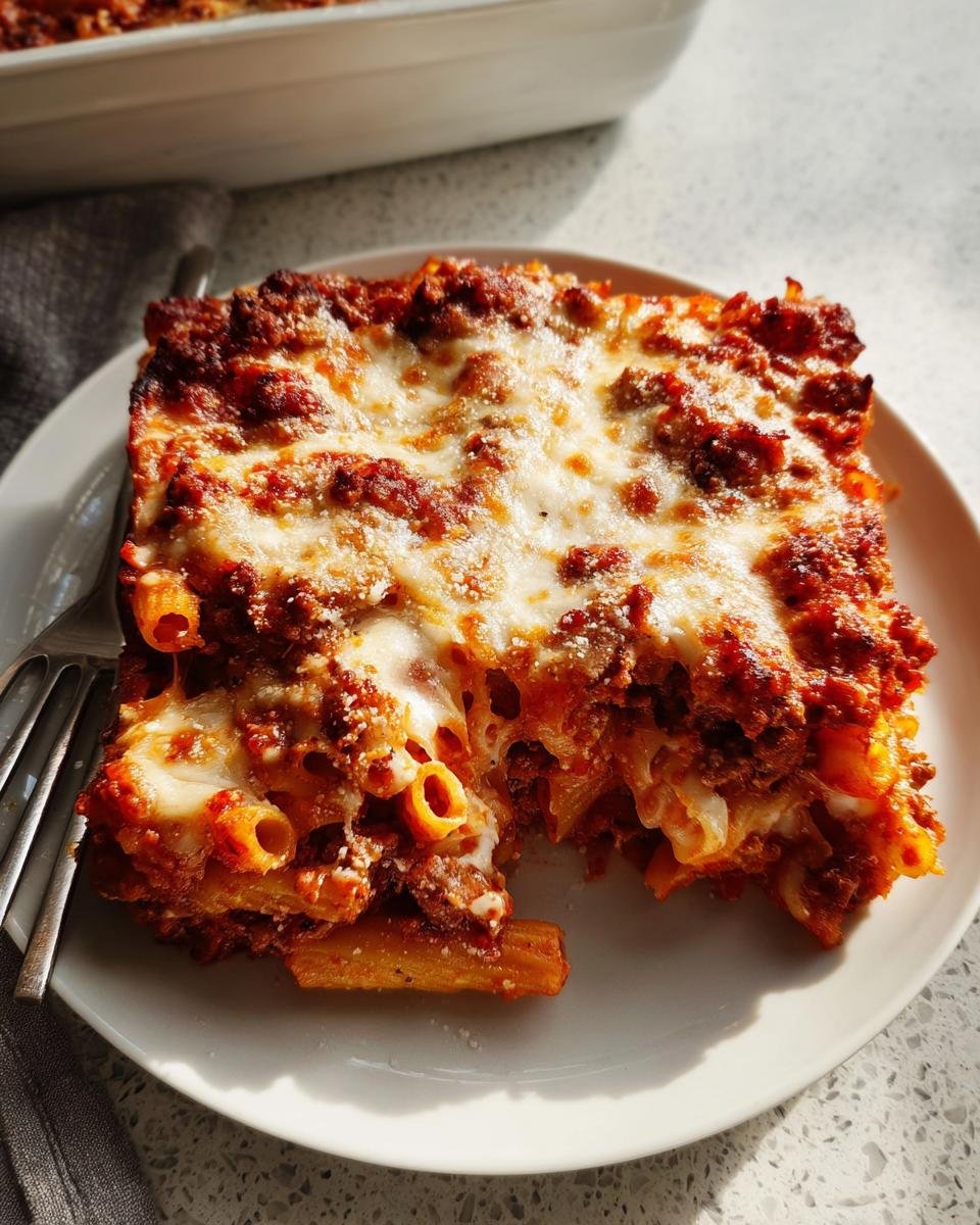 A square serving of cheesy Baked Ziti topped with melted mozzarella and meat sauce on a white plate.