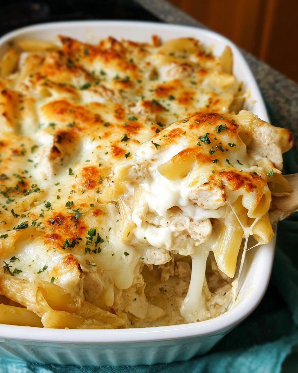 A spoonful of cheesy Chicken Alfredo Pasta Bake showing melted cheese stretching between the pasta and chicken pieces.