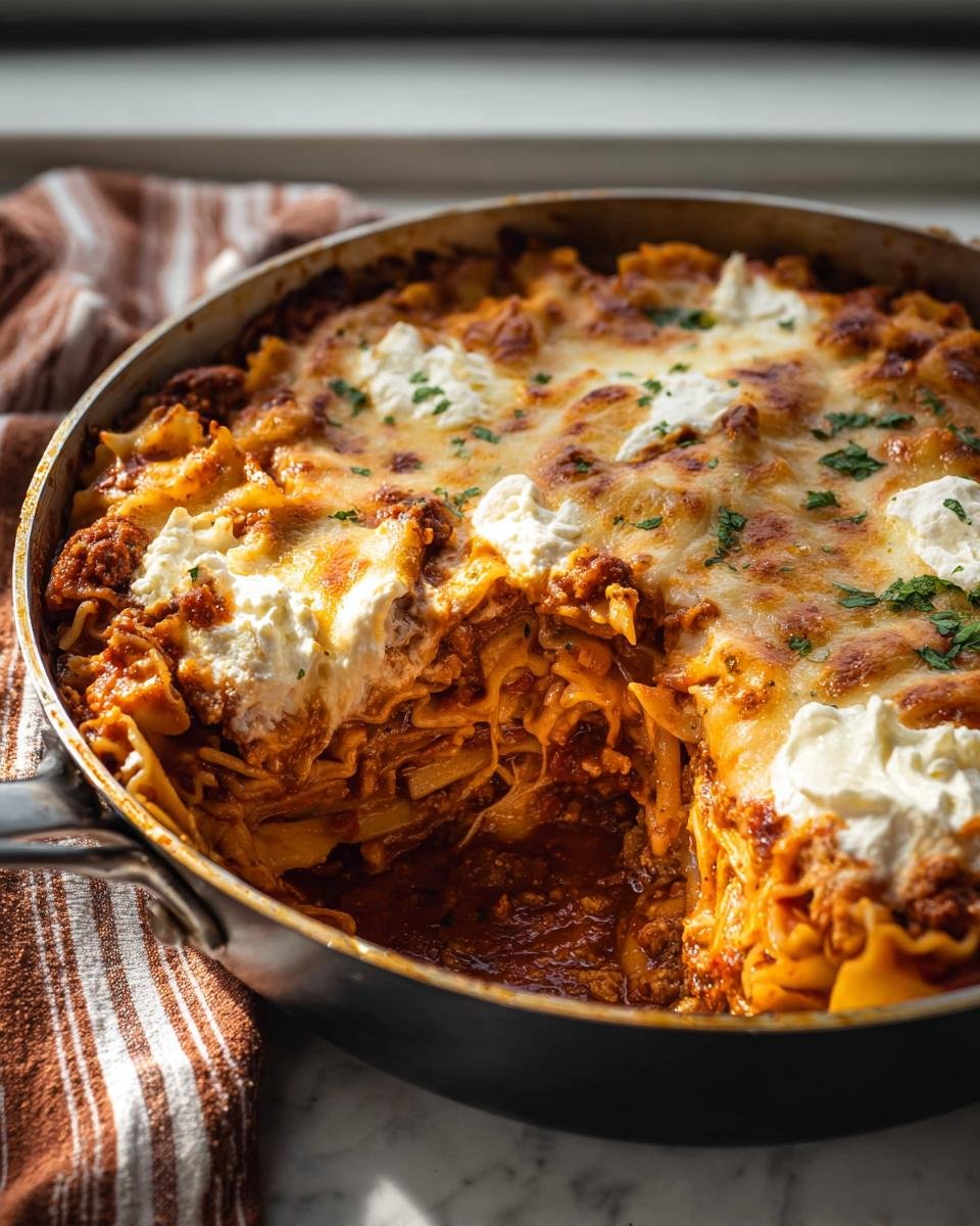 A deep-dish Lasagna Skillet in a pan with a serving removed, showing cheesy layers and dollops of ricotta.
