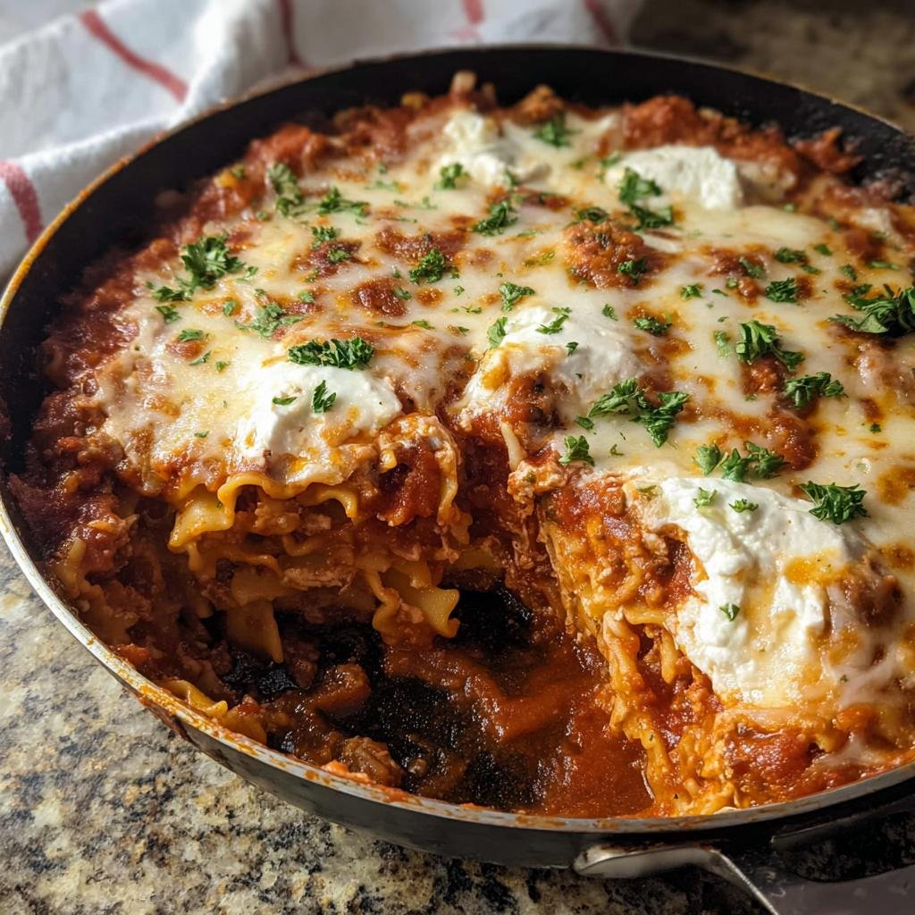 Close-up of a bubbling Lasagna Skillet in a pan, showing layers of pasta, meat sauce, melted cheese, and dollops of ricotta.