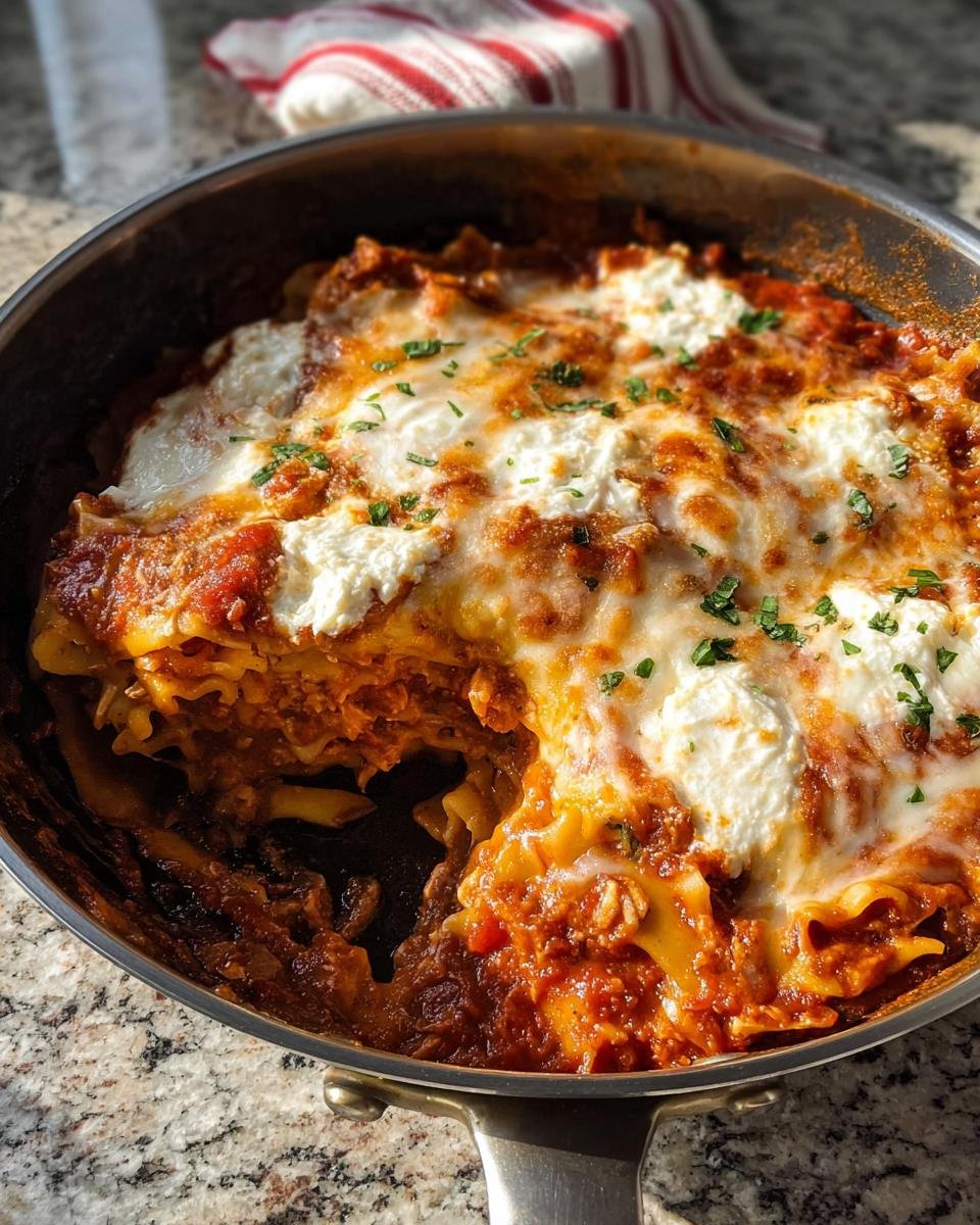 Close-up of a bubbling Lasagna Skillet in a metal pan with a scoop removed, showing layers and melted cheese.