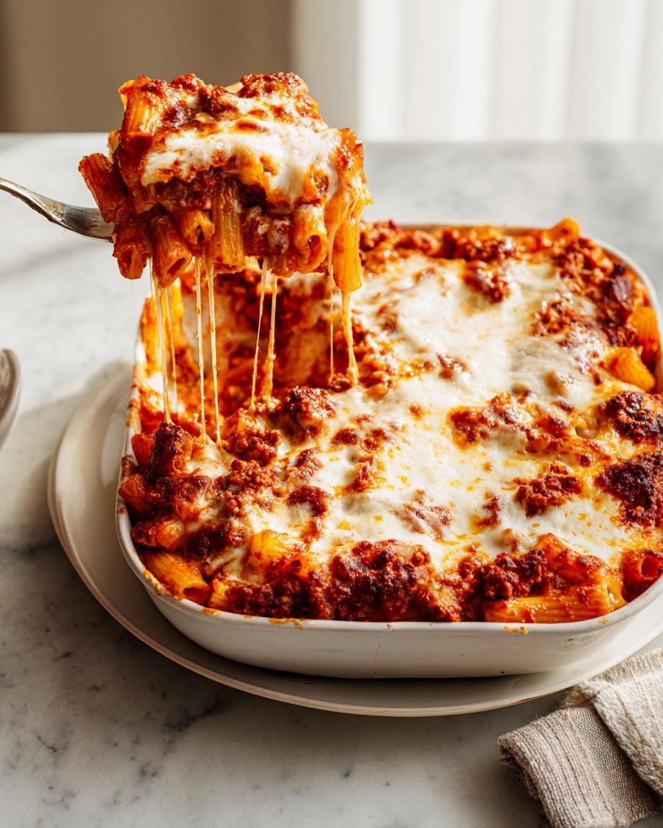 A fork lifting a cheesy, saucy portion of Baked Ziti out of a white baking dish.