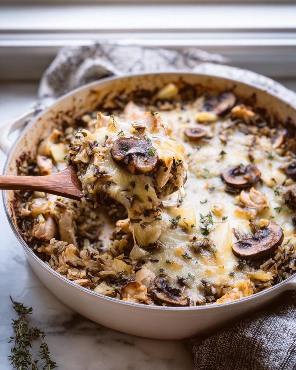 A spoonful of cheesy wild rice and mushroom casserole being lifted from a white baking dish, perfect for Cozy Fall Casseroles.