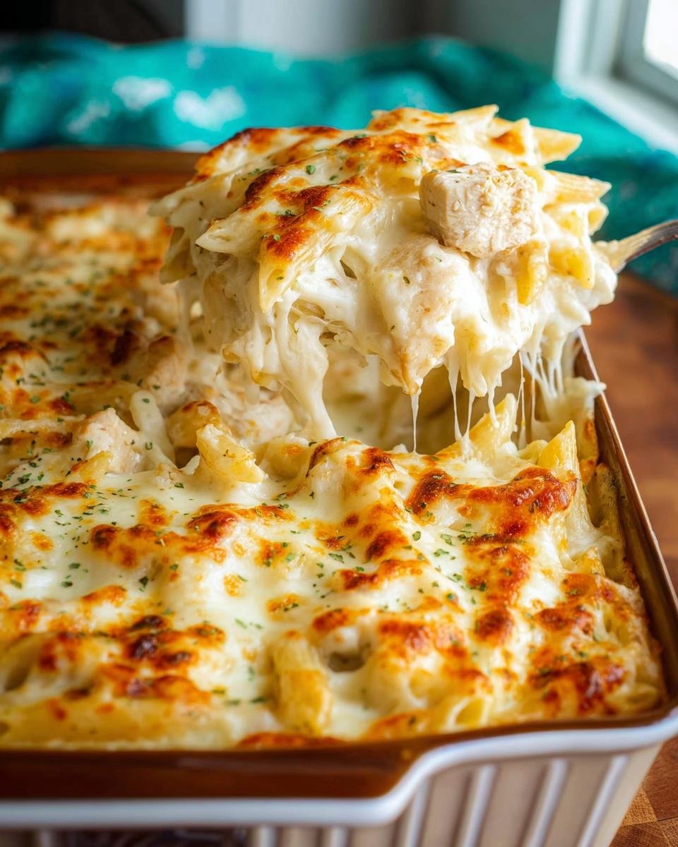 A spoonful of gooey Chicken Alfredo Pasta Bake being lifted, showing melted cheese strings and chunks of chicken.