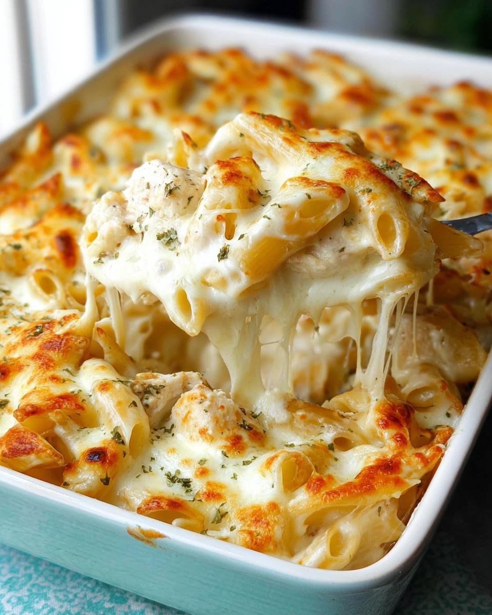 A spoonful of rich Chicken Alfredo Pasta Bake showing extreme cheese pull over the baked pasta dish.
