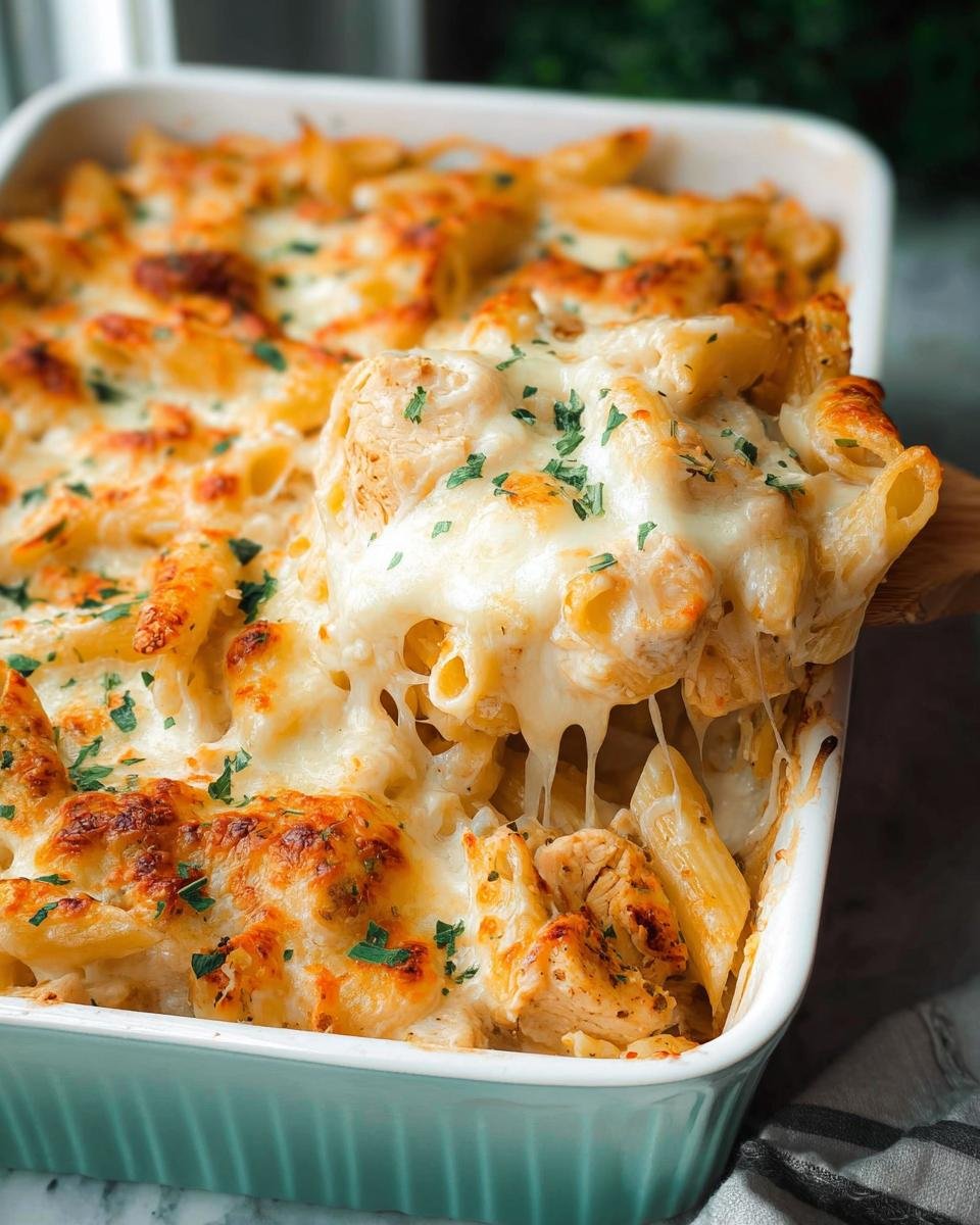A spoonful of cheesy Chicken Alfredo Pasta Bake being lifted from a baking dish, showing melted cheese pull.