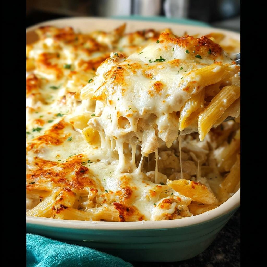 A spoonful of creamy Chicken Alfredo Pasta Bake being lifted from a baking dish, showing extreme cheese pull.