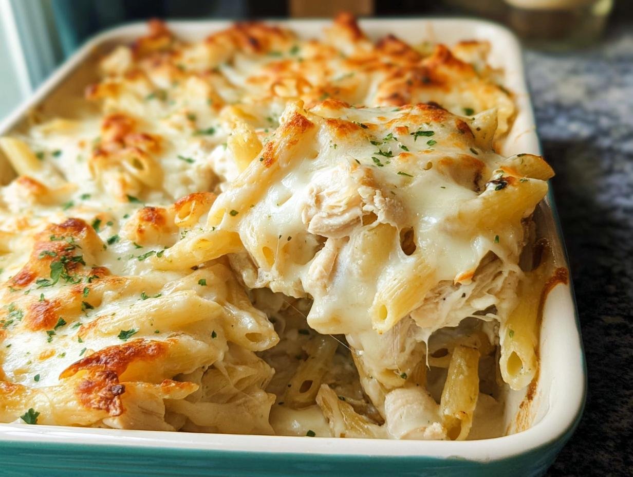 A serving spoon lifts a portion of cheesy Chicken Alfredo Pasta Bake, showing melted cheese and penne pasta.