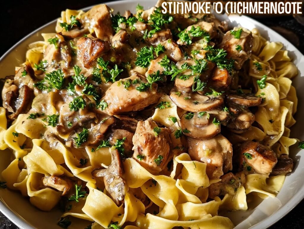Close-up of chicken and mushrooms in a creamy sauce served over egg noodles, perfect for 30-Minute Family Dinners.