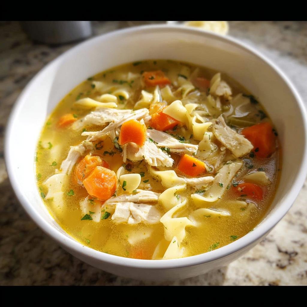 Close-up of a white bowl filled with homemade Chicken Noodle Soup from Scratch, featuring shredded chicken, carrots, and egg noodles.