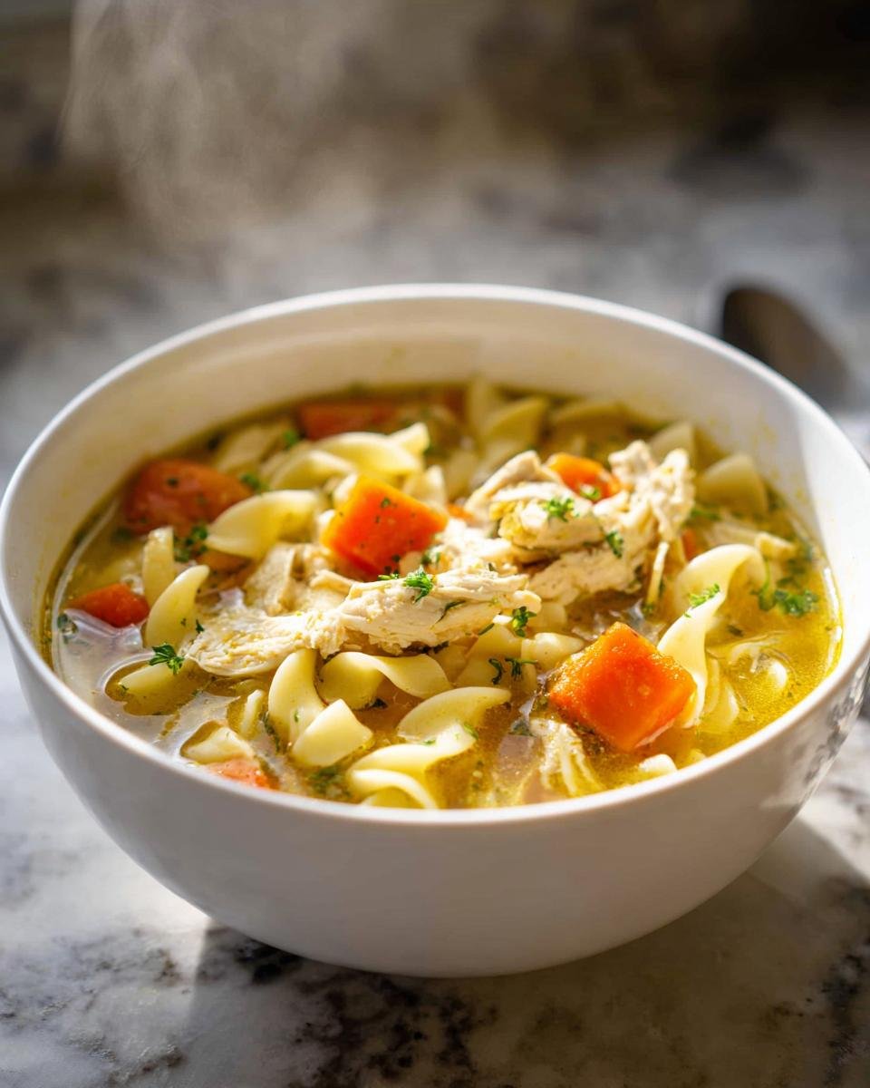 A close-up of a white bowl filled with steaming Chicken Noodle Soup from Scratch, featuring shredded chicken, egg noodles, and carrots.