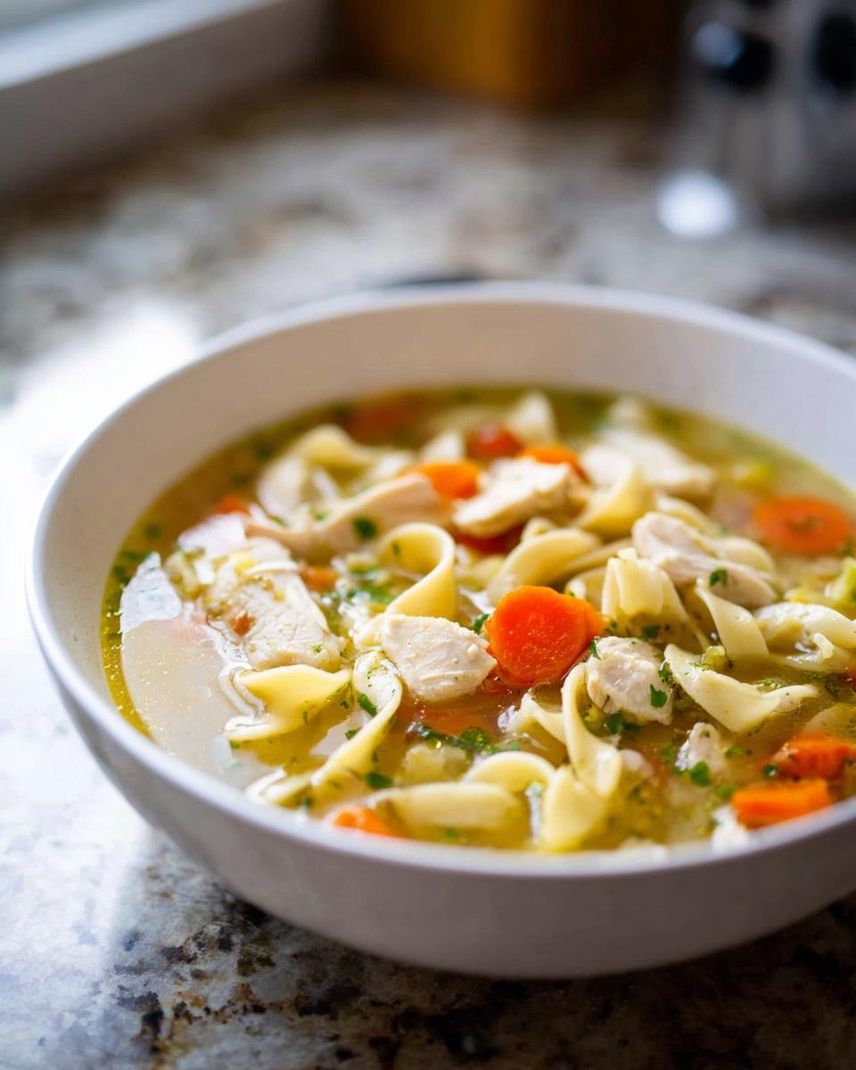 Close-up of a white bowl filled with homemade Chicken Noodle Soup from Scratch, featuring egg noodles, shredded chicken, and carrot slices.