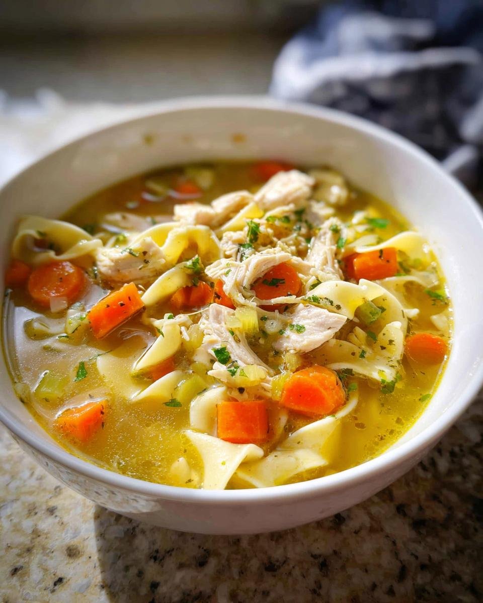 A close-up of a white bowl filled with rich Chicken Noodle Soup from Scratch, featuring shredded chicken, carrots, and egg noodles.