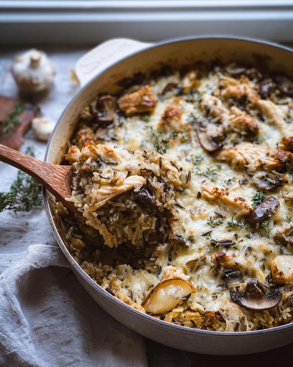 A scoop of creamy wild rice chicken and mushroom casserole topped with melted cheese being lifted out with a wooden spoon.