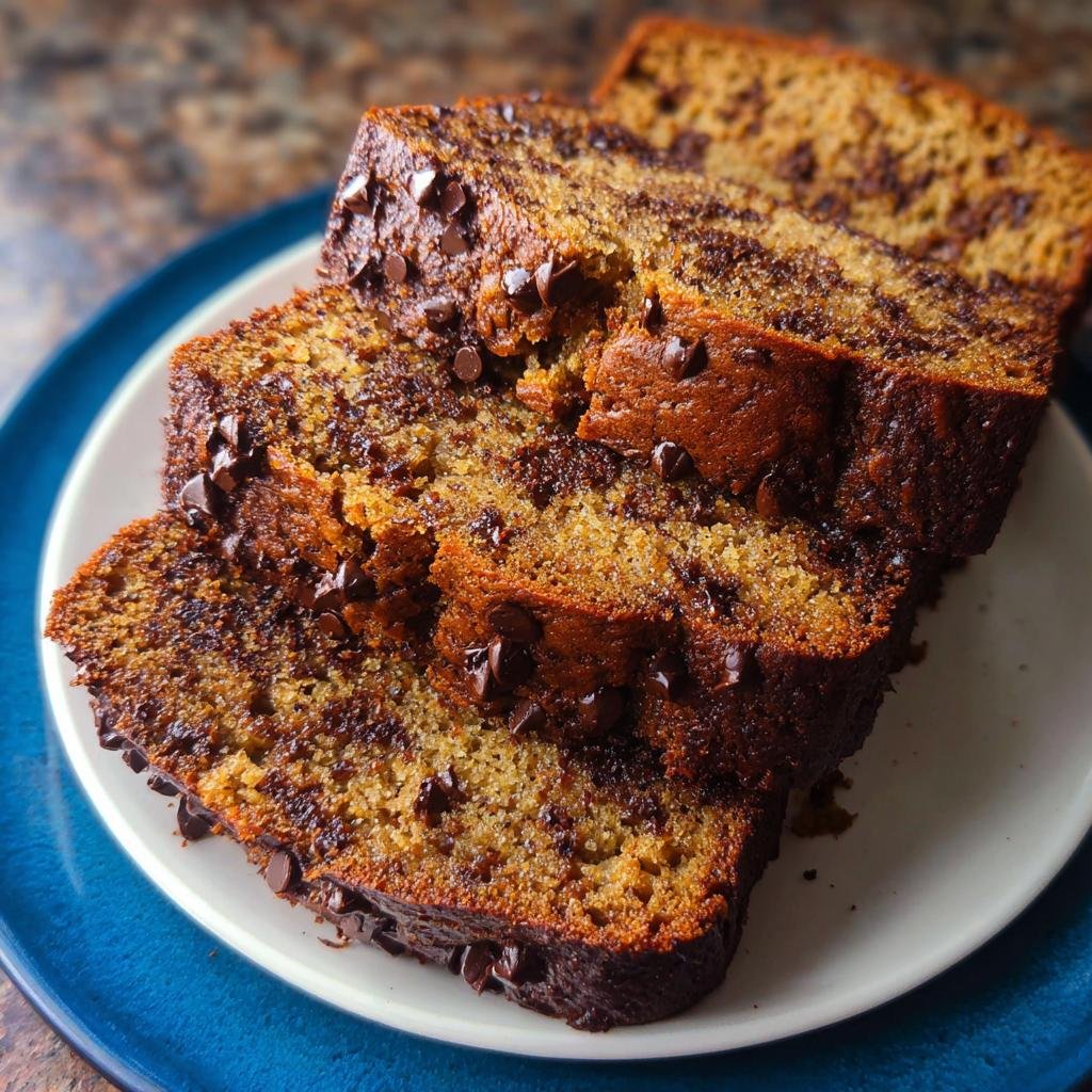 Three moist slices of Chocolate Chip Banana Bread Bakery Style stacked on a white and blue plate.