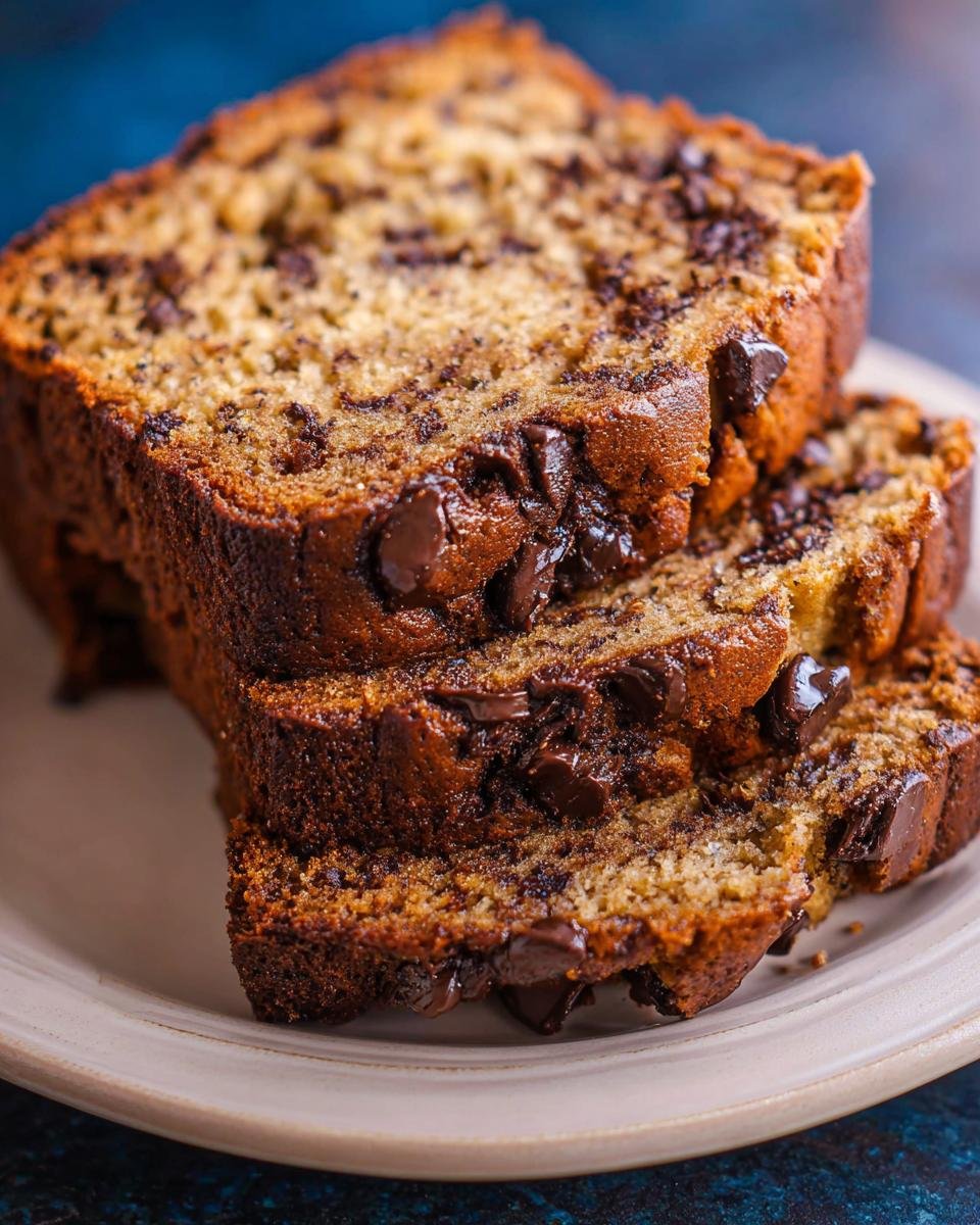 Close-up of three moist slices of Chocolate Chip Banana Bread Bakery Style stacked on a plate.
