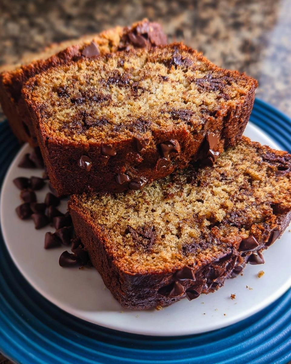 Close-up of thick slices of moist Chocolate Chip Banana Bread Bakery Style stacked on a plate.