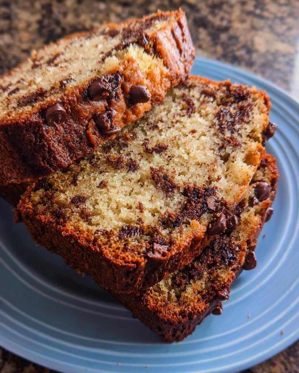 Close-up of three thick slices of moist Chocolate Chip Banana Bread Bakery Style stacked on a blue plate.