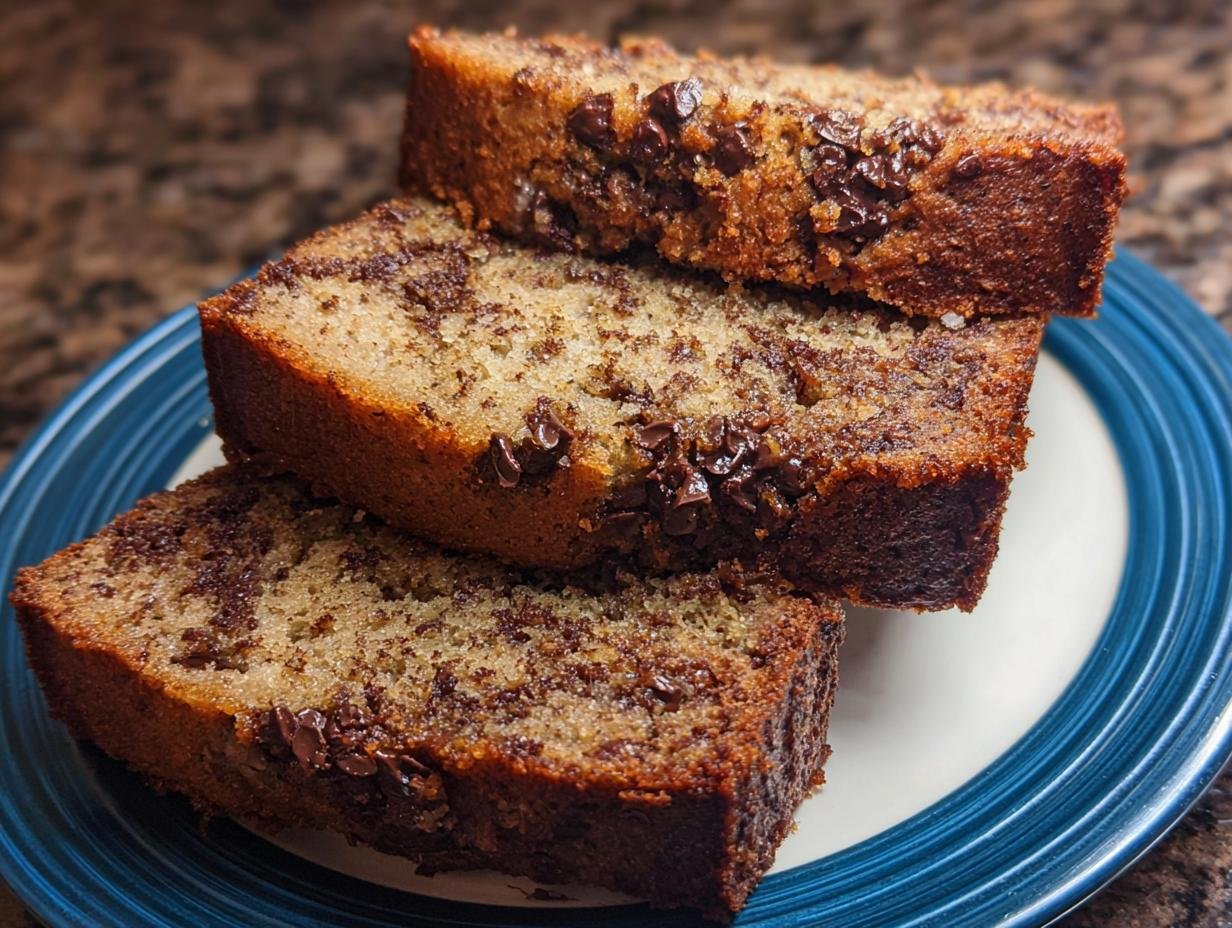 Three thick slices of moist Chocolate Chip Banana Bread Bakery Style stacked on a blue-rimmed plate.