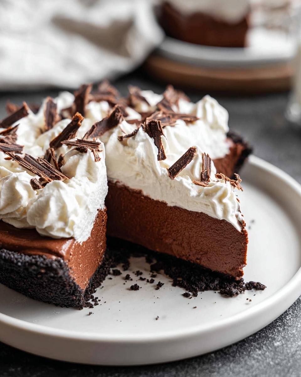 A slice of rich Chocolate Cream Pie with a thick, smooth filling, Oreo crust, and topped with whipped cream and chocolate shavings.