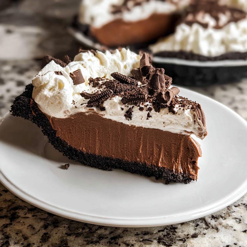 A decadent slice of Chocolate Cream Pie featuring a dark crust, thick filling, and whipped cream topped with chocolate shavings.