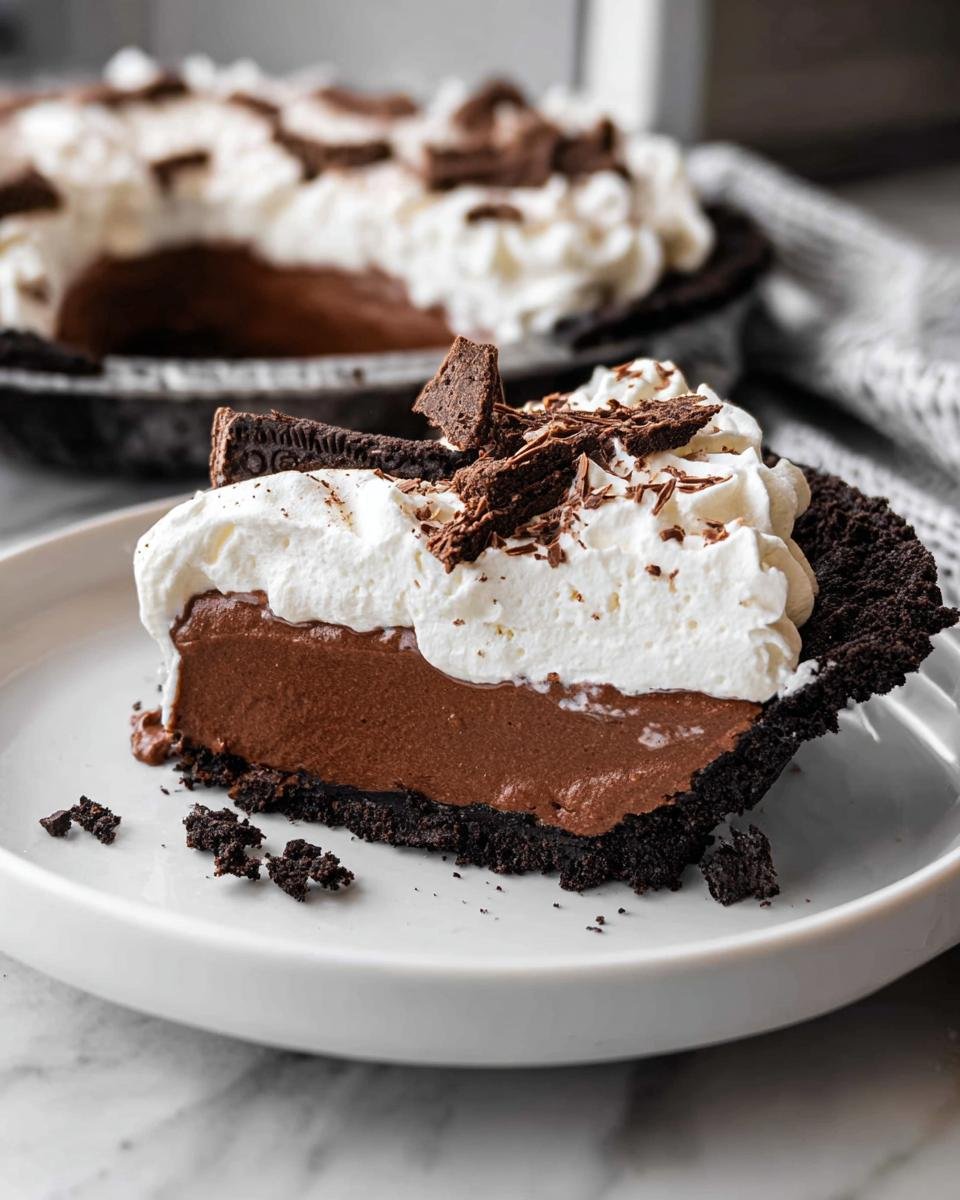 A decadent slice of Chocolate Cream Pie featuring a dark crust, smooth filling, and generous whipped cream topping.