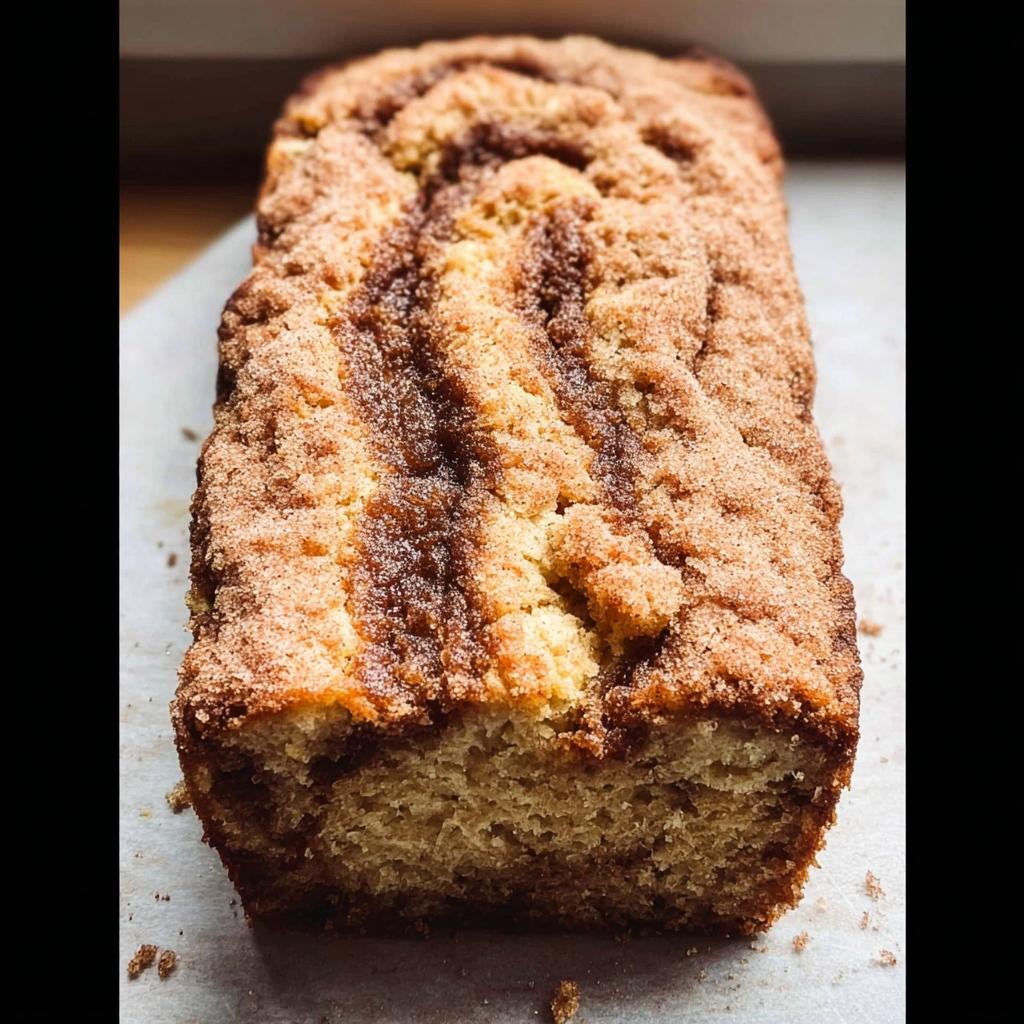 A freshly baked loaf of Cinnamon Swirl Banana Bread with a thick, crumbly cinnamon topping.
