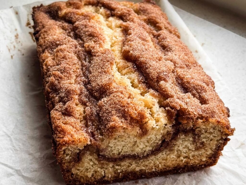 A freshly baked loaf of Cinnamon Swirl Banana Bread with a sugary, cinnamon-crusted top.
