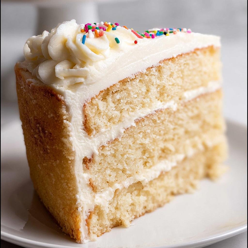 A moist slice of Classic Vanilla Cake from Scratch, layered with white frosting and topped with colorful sprinkles.
