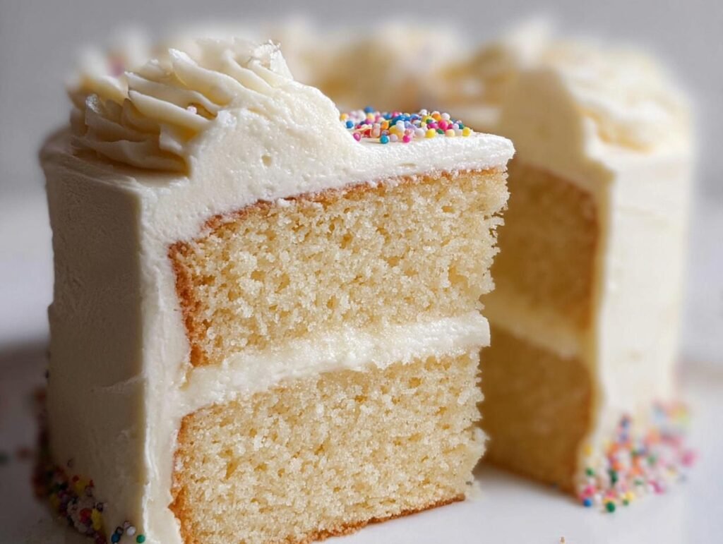 A close-up slice reveals the moist crumb of the Classic Vanilla Cake from Scratch, topped with white frosting and sprinkles.