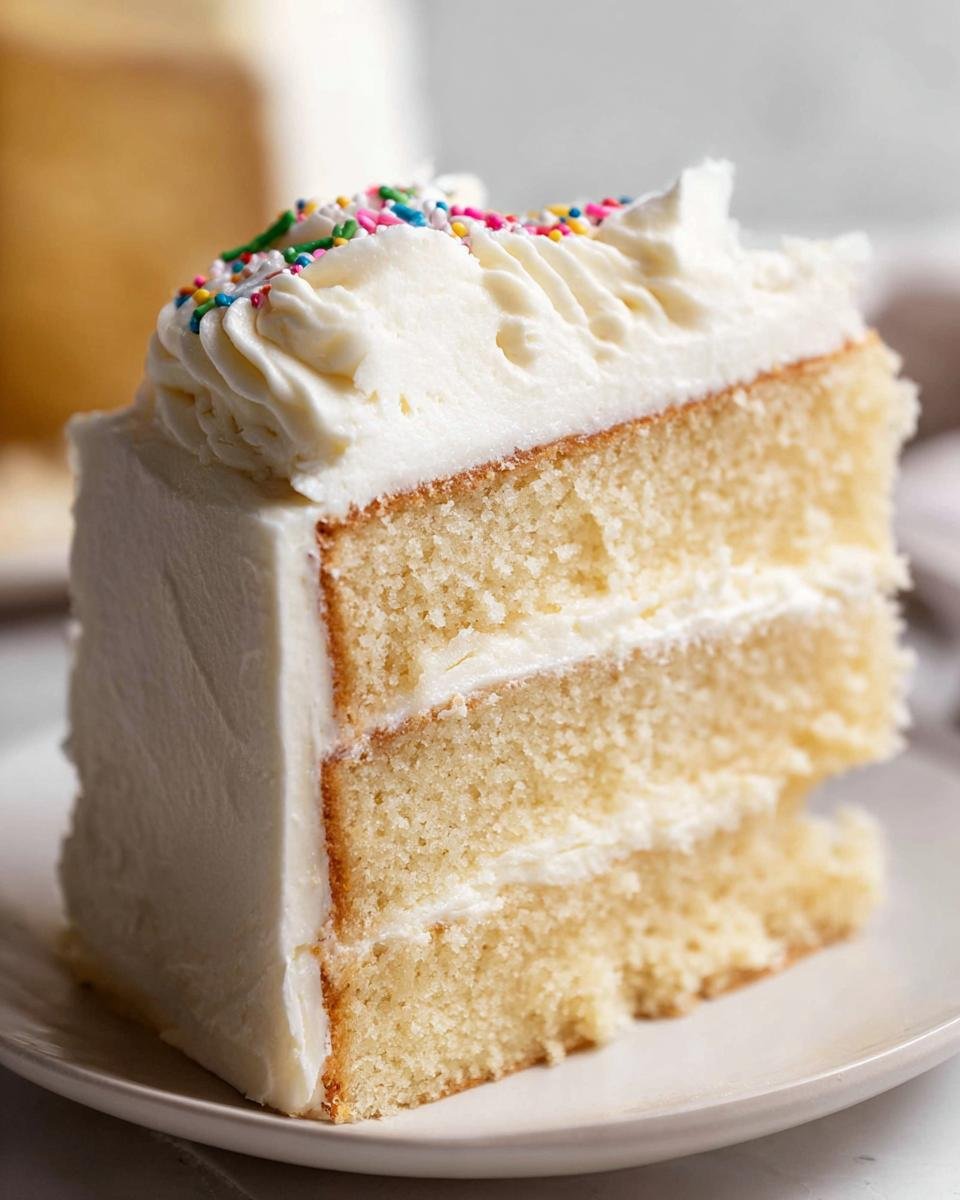 A moist slice of Classic Vanilla Cake from Scratch with three layers, white frosting, and colorful sprinkles on top.