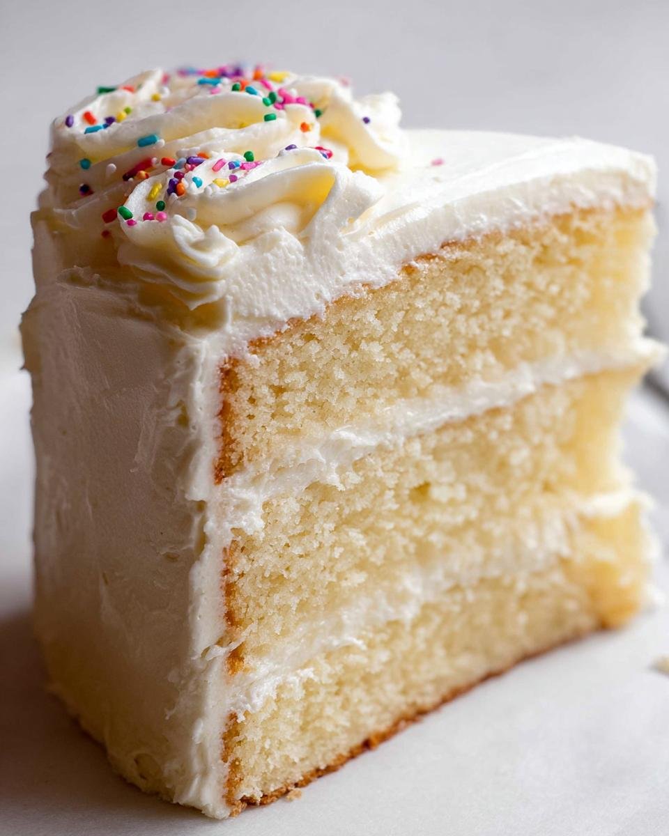 A close-up of a moist slice of Classic Vanilla Cake from Scratch layered with white frosting and topped with colorful sprinkles.