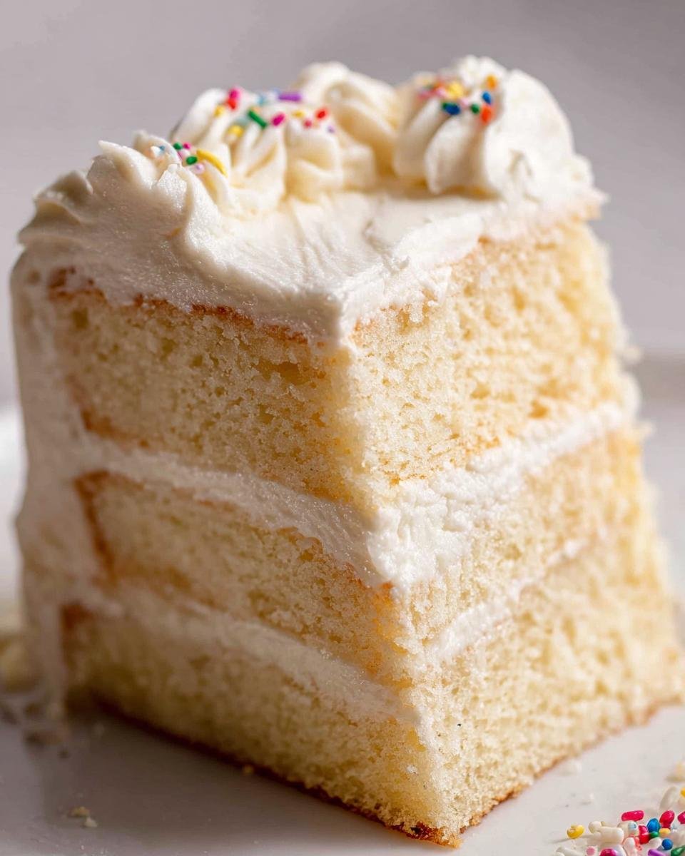 Close-up of a moist slice of Classic Vanilla Cake from Scratch layered with white frosting and topped with sprinkles.