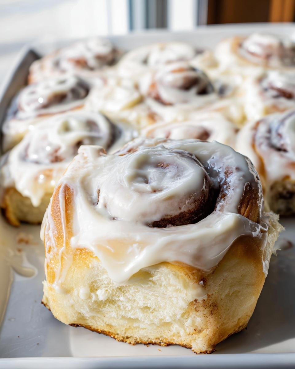 A close-up of a freshly baked, soft cinnabon roll covered in thick white icing, with more rolls blurred in the background.