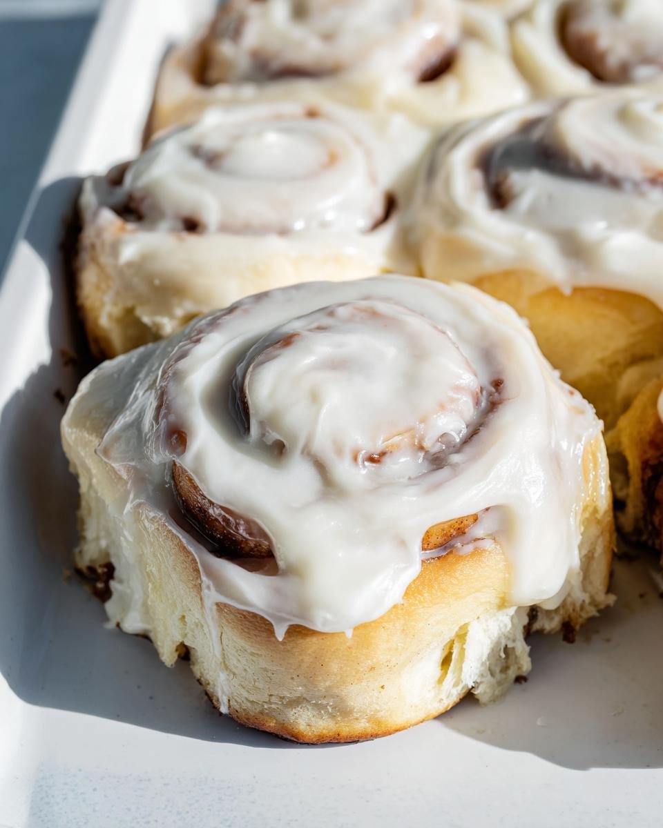 Close-up of several freshly baked cinnabon rolls topped with thick, white cream cheese frosting.