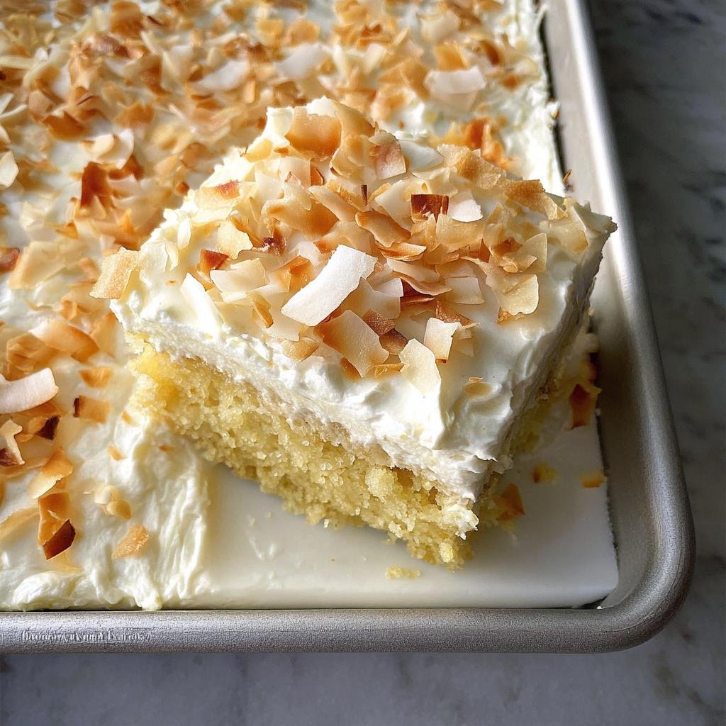 A close-up view of a square slice of Coconut Sheet Cake Easy topped with thick white frosting and toasted coconut flakes.