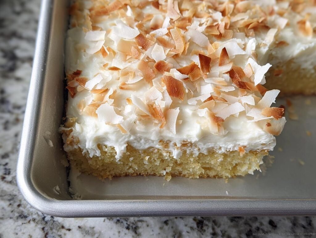 Close-up of a freshly baked Coconut Sheet Cake Easy slice, topped with thick white frosting and toasted coconut flakes.