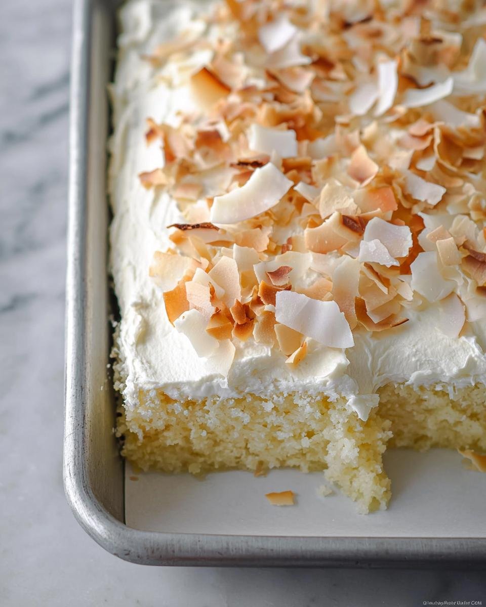 A close-up view of a moist Coconut Sheet Cake Easy topped with thick white frosting and toasted coconut flakes.