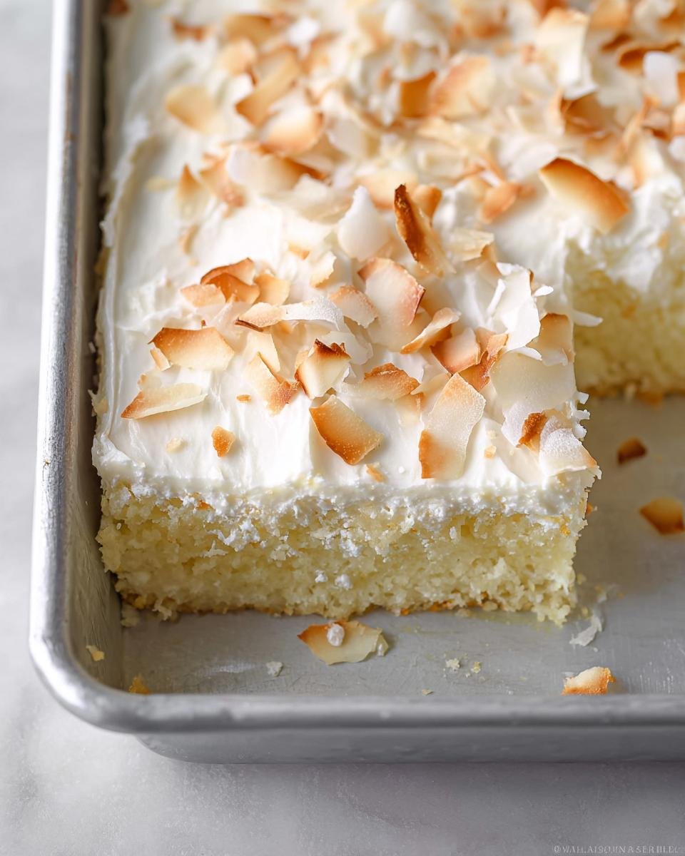 Close-up of a slice of Coconut Sheet Cake Easy topped with white frosting and toasted coconut flakes.