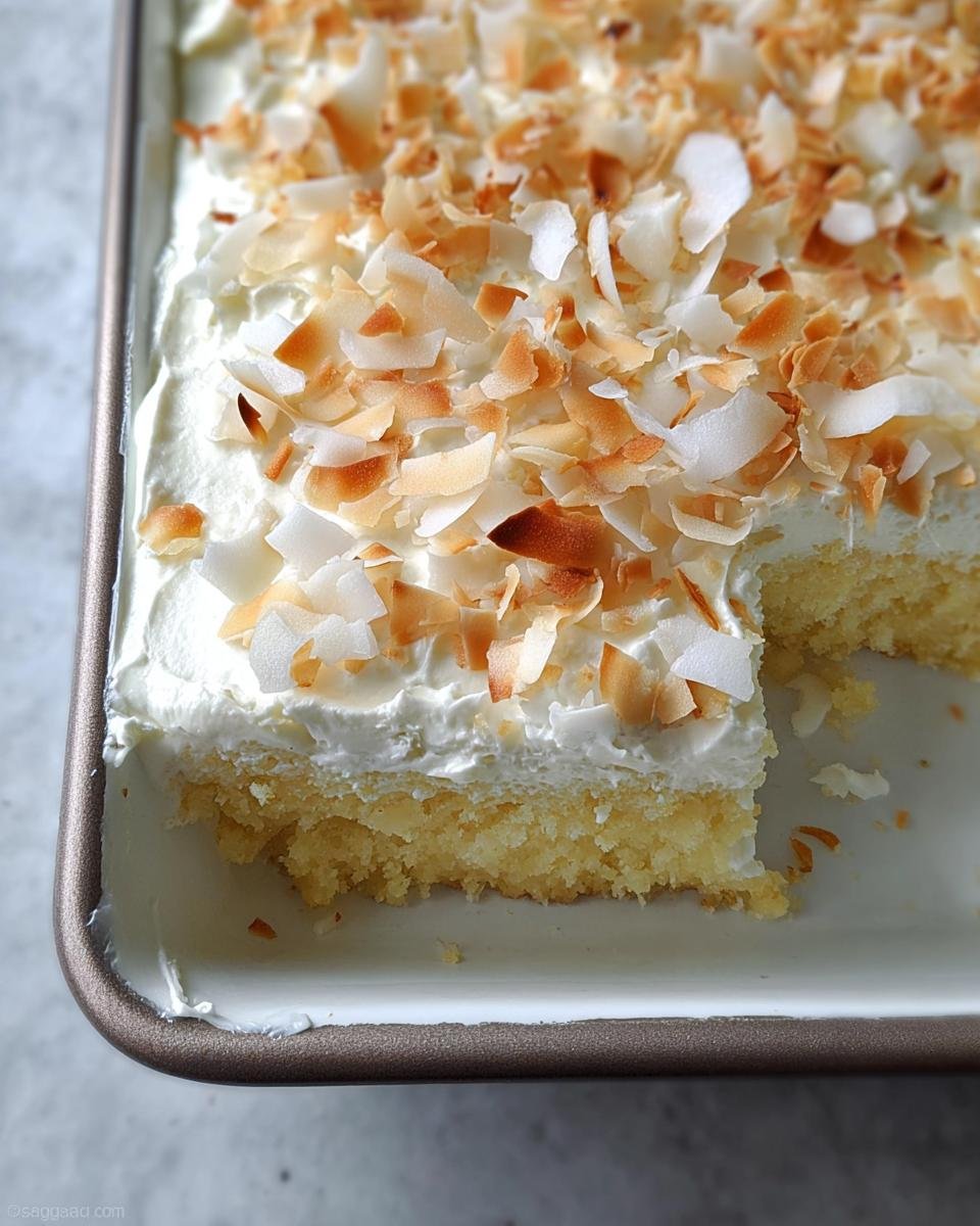 Close-up of a slice removed from an easy Coconut Sheet Cake topped with whipped frosting and toasted coconut flakes.
