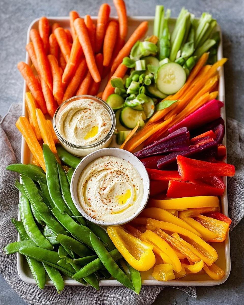A vibrant Make-Ahead Veggie Tray featuring carrots, snap peas, peppers, cucumbers, and two bowls of hummus.