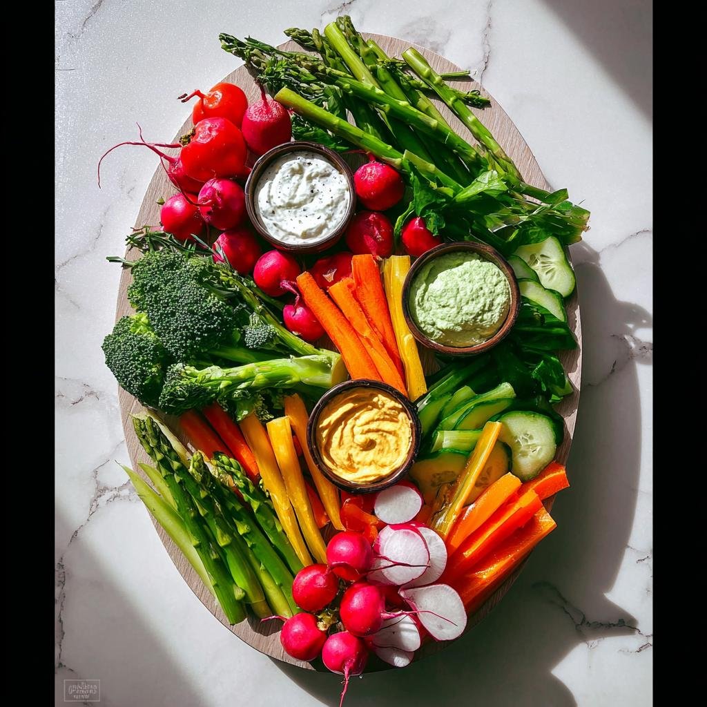 A vibrant Colorful Veggie Board for Parties featuring asparagus, carrots, radishes, broccoli, and three different dips.