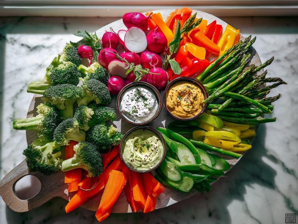 A vibrant Colorful Veggie Board for Parties featuring broccoli, radishes, carrots, asparagus, peppers, and three dipping sauces.