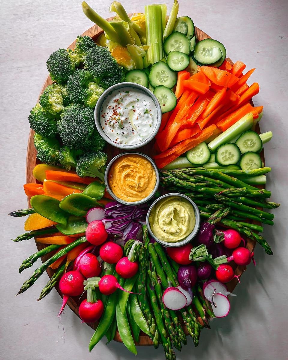 Overhead view of a stunning Colorful Veggie Board for Parties featuring broccoli, carrots, radishes, and dips.