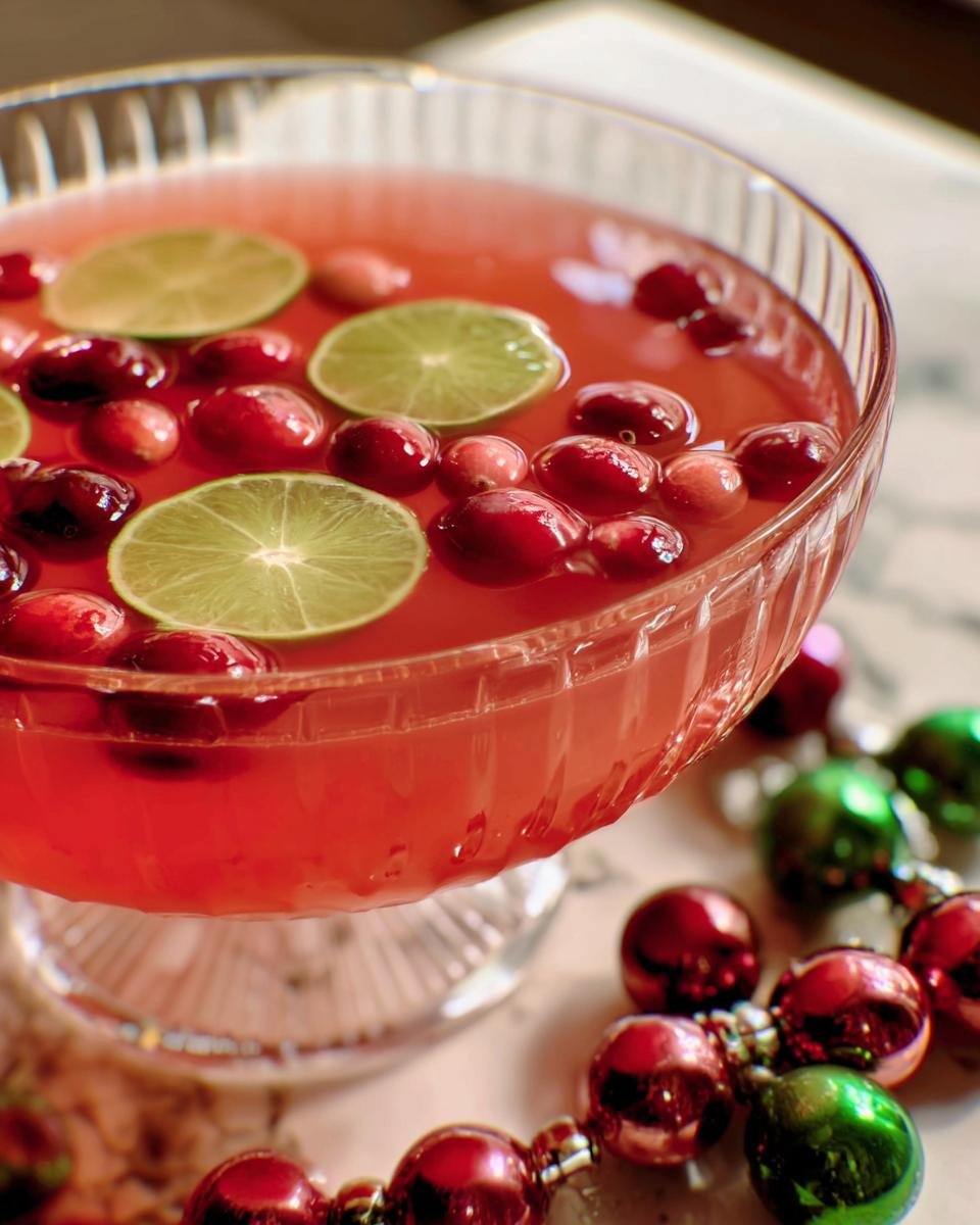 Close-up of a glass punch bowl filled with red Cosmopolitan Party Punch garnished with lime slices and fresh cranberries.