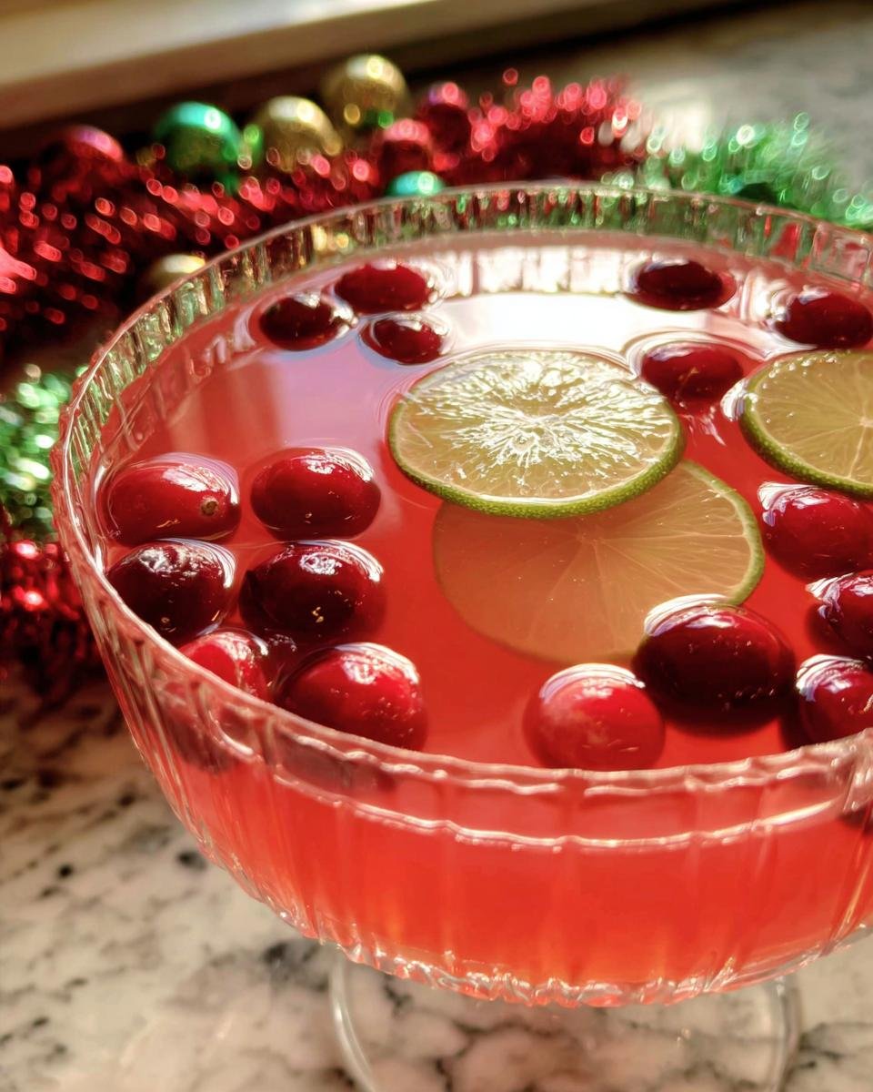 Close-up of a large glass bowl filled with bright red Cosmopolitan Party Punch, garnished with floating cranberries and lime slices.